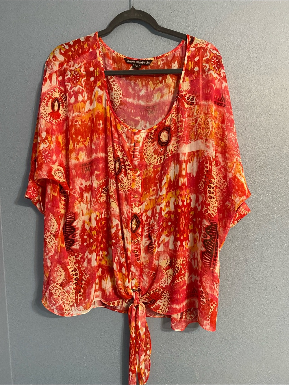 Tie-Front Mixed Print Blouse in Red & Coral